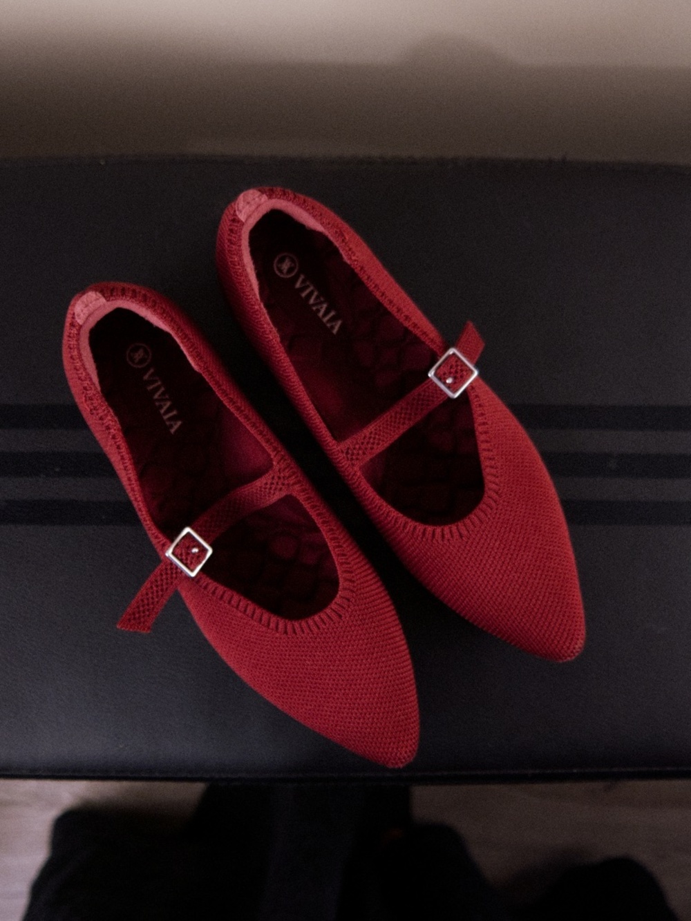 VIVALA Red Knit Mary Jane Pointed Flats